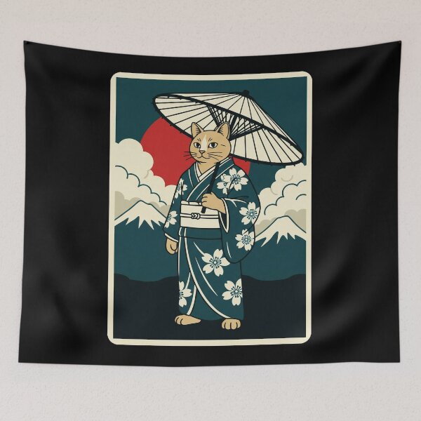 Item preview, Kimono Cat Beneath Paper Umbrella Vintage Japanese Inspired designed and sold by JordynLadukeg65.
