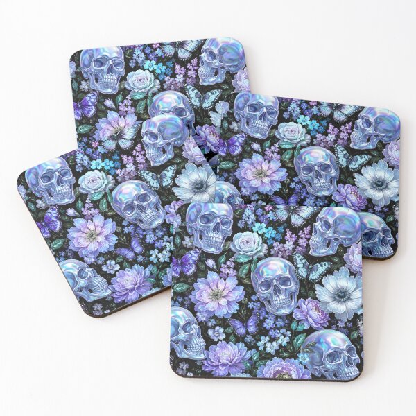 Item preview, Holographic Goth Blue Skulls and Butterflies Floral Pattern designed and sold by BeJolley.