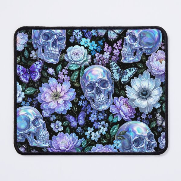 Item preview, Holographic Goth Blue Skulls and Butterflies Floral Pattern designed and sold by BeJolley.