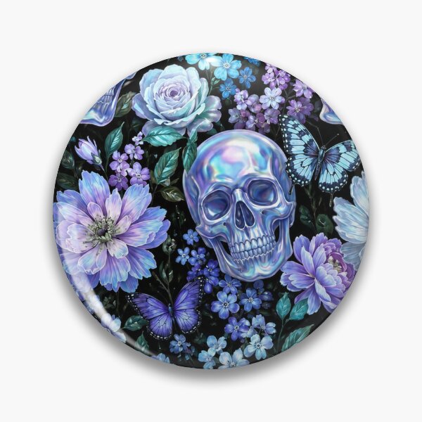 Item preview, Holographic Goth Blue Skulls and Butterflies Floral Pattern designed and sold by BeJolley.