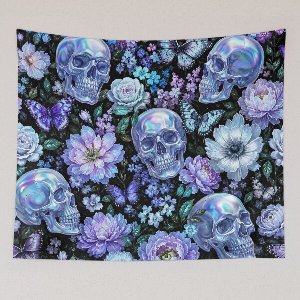 Item preview, Holographic Goth Blue Skulls and Butterflies Floral Pattern designed and sold by BeJolley.