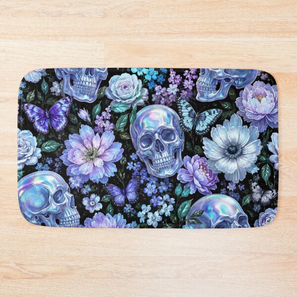 Item preview, Holographic Goth Blue Skulls and Butterflies Floral Pattern designed and sold by BeJolley.