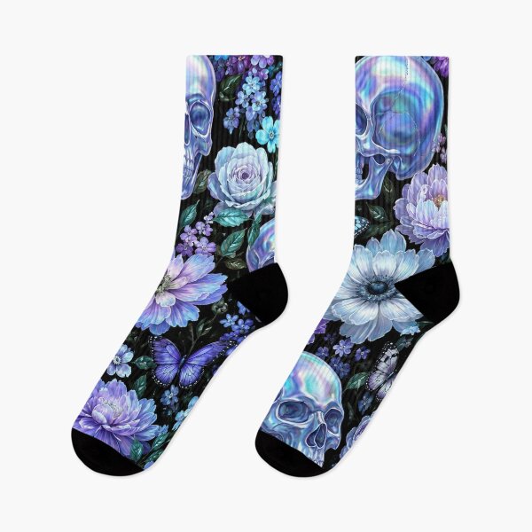 Item preview, Holographic Goth Blue Skulls and Butterflies Floral Pattern designed and sold by BeJolley.