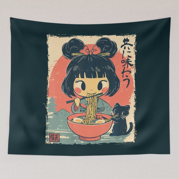 Item preview, Cute Kawaii Japanese Girl And Cat Eating Ramen Anime T-Shirt designed and sold by GabrielaPeterse.