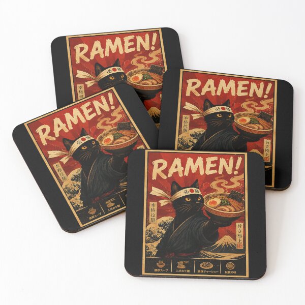 Item preview, Black Cat Serving Steaming Ramen in Vintage Japanese Poster Style designed and sold by ferminhays.