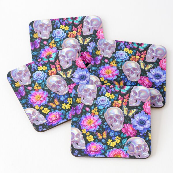 Item preview, Holographic Goth Pearl Skulls and Butterflies Floral Pattern designed and sold by BeJolley.