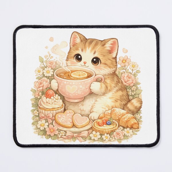 Item preview, Tea Time Cat – Cute Chubby Cat with Giant Teacup Cottagecore Illustration designed and sold by MrDev.