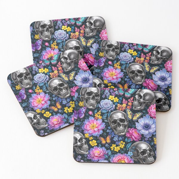 Item preview, Holographic Goth chrome Skulls and Butterflies Floral Pattern designed and sold by BeJolley.