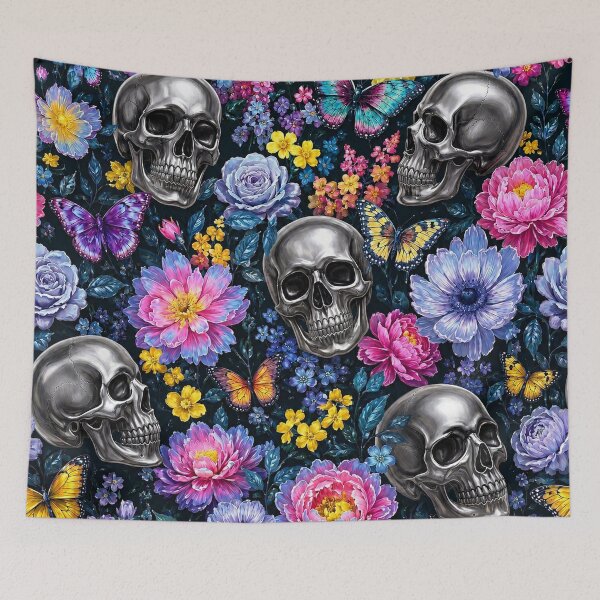 Item preview, Holographic Goth chrome Skulls and Butterflies Floral Pattern designed and sold by BeJolley.