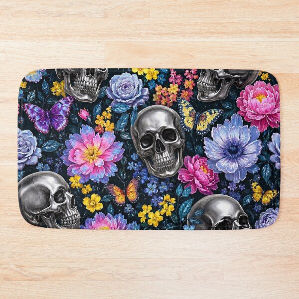 Item preview, Holographic Goth chrome Skulls and Butterflies Floral Pattern designed and sold by BeJolley.