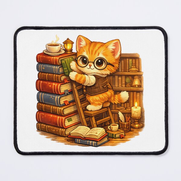 Item preview, Tiny Librarian Cat – Adorable Book Lover Kitten Reading Room Cartoon designed and sold by MrDev.