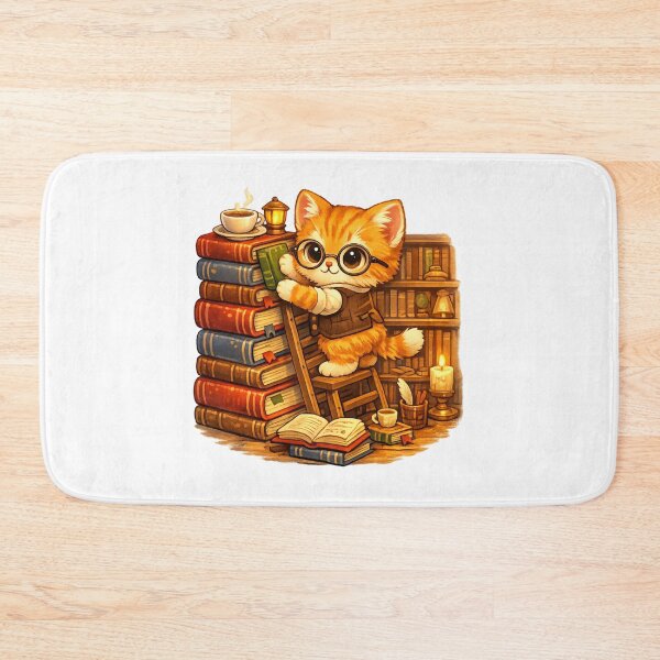 Item preview, Tiny Librarian Cat – Adorable Book Lover Kitten Reading Room Cartoon designed and sold by MrDev.
