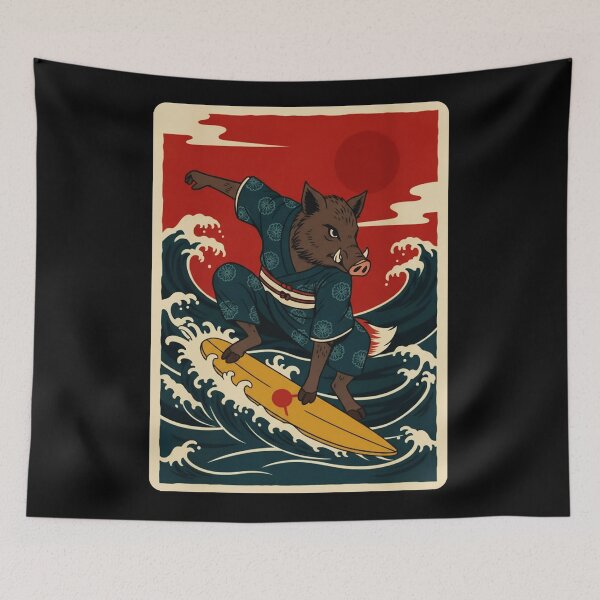 Item preview, Wild Boar Surfing Ocean Waves in Retro Japanese Poster Style designed and sold by JordynLadukeg65.