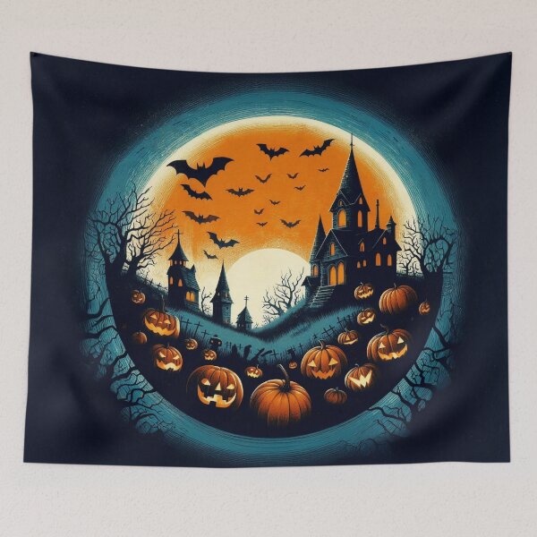 Item preview, Spooky Halloween drawing with pumpkins, bats and a haunted house designed and sold by Stef Ringoot, cartoons and illustrations.