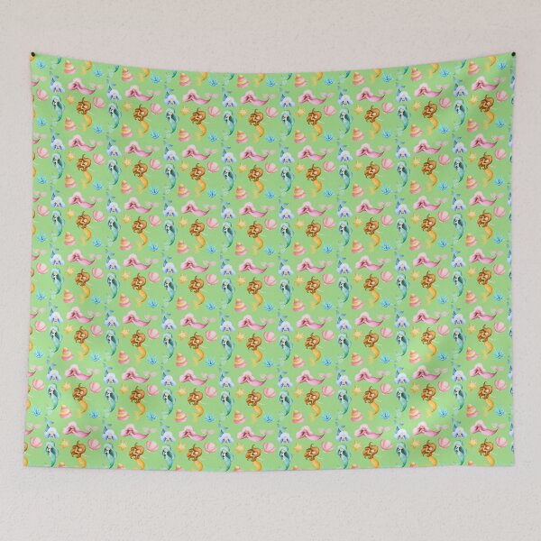 Item preview, Cute Mermaids and Seashells Mint Green Seamless Pattern designed and sold by FestivityFinds.