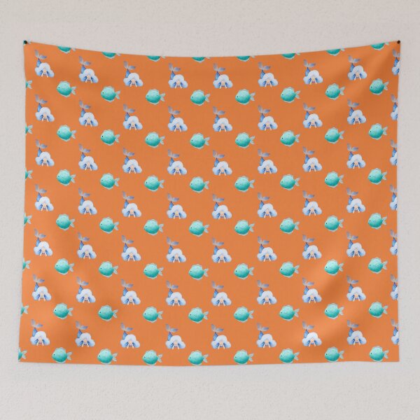 Item preview, Cute Blue Mermaid and Fish Orange Seamless Pattern designed and sold by FestivityFinds.