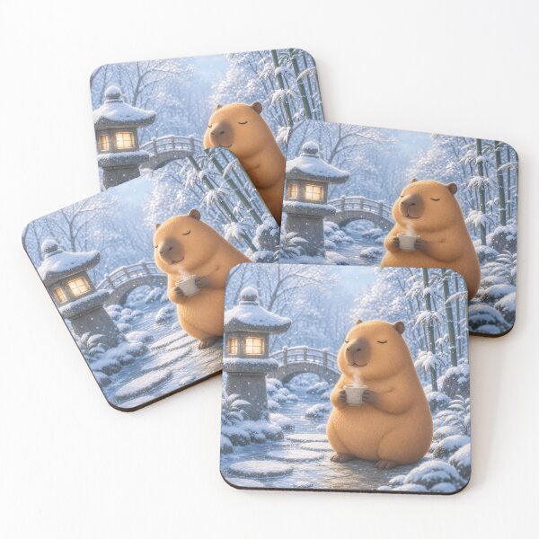 Item preview, Cozy Capybara Drinking Coffee in Snowy Garden designed and sold by LuisWorks.
