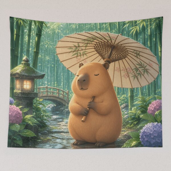 Item preview, Cute Capybara with Umbrella in Japanese Garden designed and sold by LuisWorks.