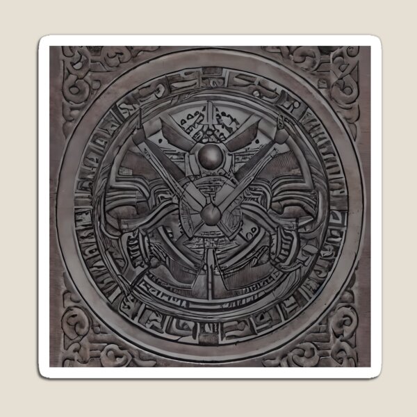 Item preview, Dark Crossed Blade Medallion Twin Orb Cuneiform Frame Biomechanical Surreal Abstract Art designed and sold by YugenWorkshop.
