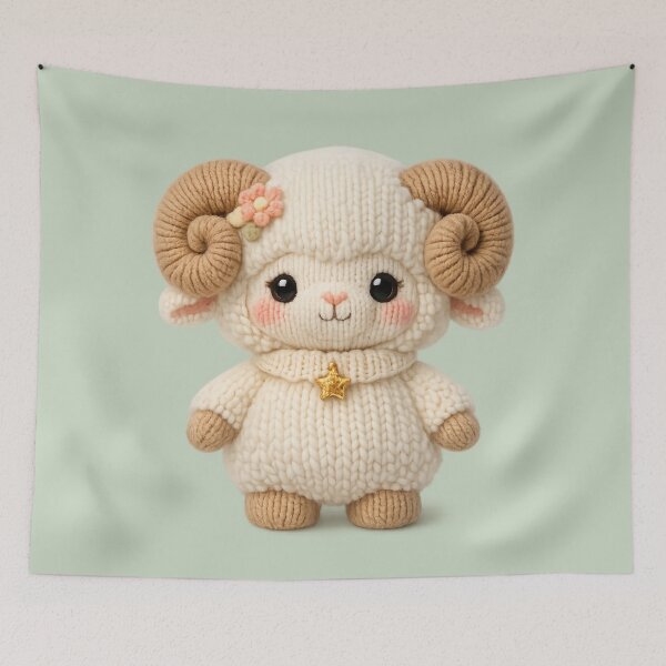 Item preview, Cute Aries Ram Plush Zodiac Nursery | Kawaii Knitted Astrology Art designed and sold by Moons Studio.