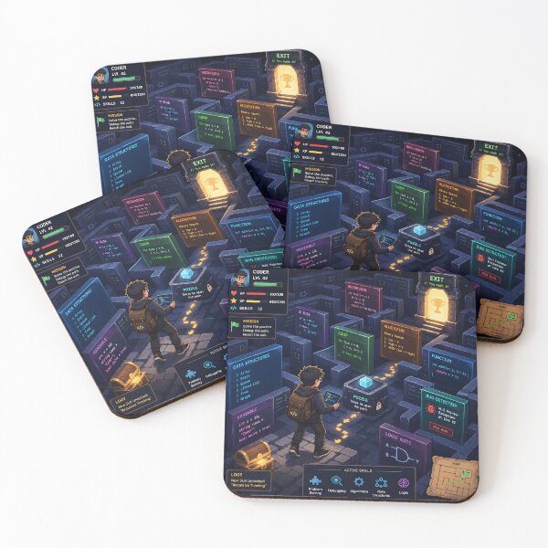Item preview, : Programmer Solving Puzzles Inside a Maze Made of Code Blocks and Algorithms Adventure Game Inspired Premium Vector Design designed and sold by PenchalaPrabhas.