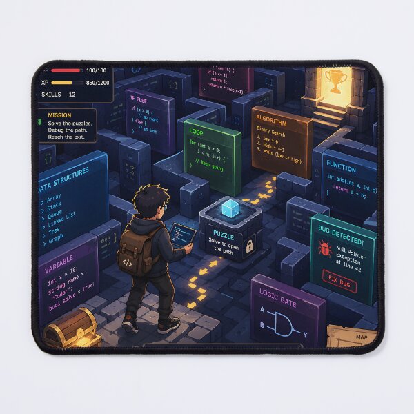 Item preview, : Programmer Solving Puzzles Inside a Maze Made of Code Blocks and Algorithms Adventure Game Inspired Premium Vector Design designed and sold by PenchalaPrabhas.