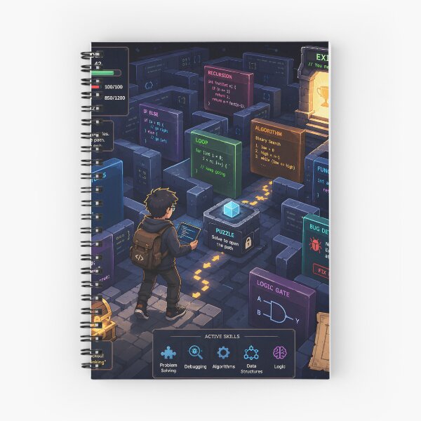 Item preview, : Programmer Solving Puzzles Inside a Maze Made of Code Blocks and Algorithms Adventure Game Inspired Premium Vector Design designed and sold by PenchalaPrabhas.