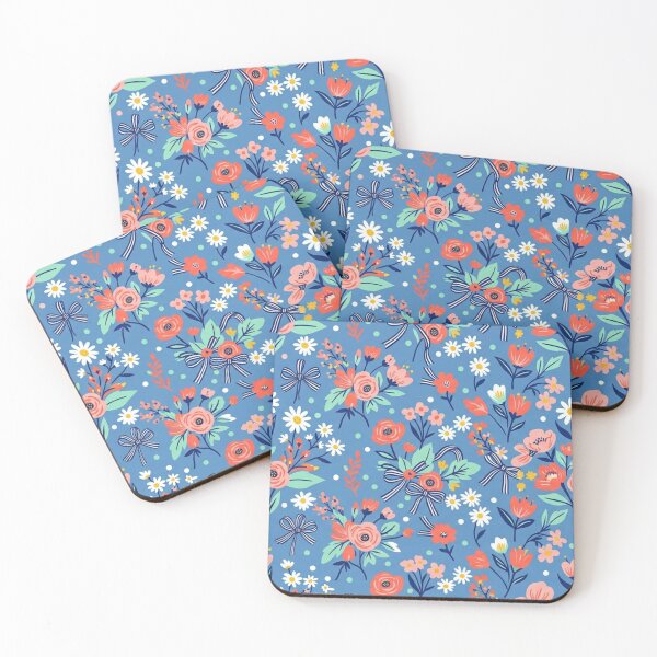 Item preview, Blue Pattern with Coral Flowers and Daisy Bows designed and sold by FashioonTrends.