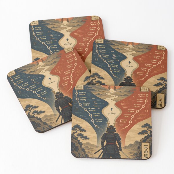 Item preview, Samurai Standing Between Two Giant Code Branches Merging into One Path Japanese Vintage Poster Aesthetic Clean Vector Illustration designed and sold by PenchalaPrabhas.