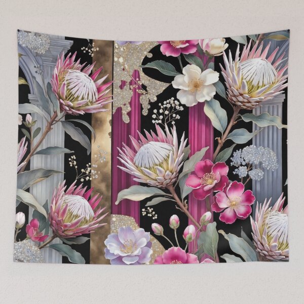 Item preview, Dramatic Pink Protea Flowers Dark Botanical Art designed and sold by IntelliMindDesigns.