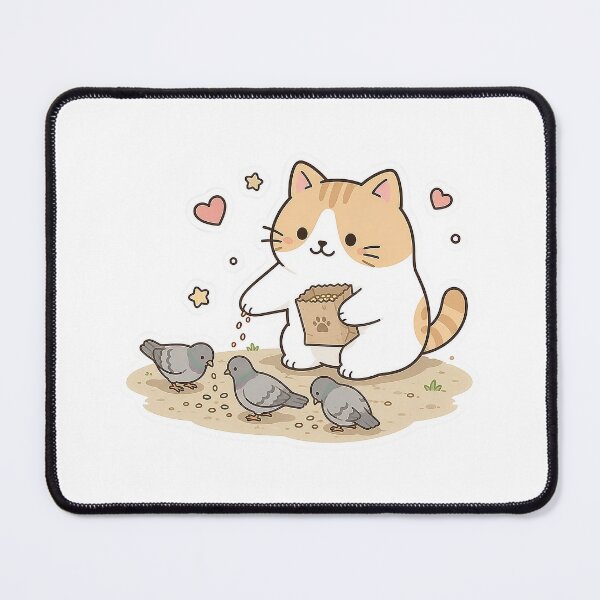 Item preview, Cute Orange Cat Feeding Pigeons Kawaii Ginger Kitty Feeding Birds Illustration designed and sold by NoopnyangStudio.