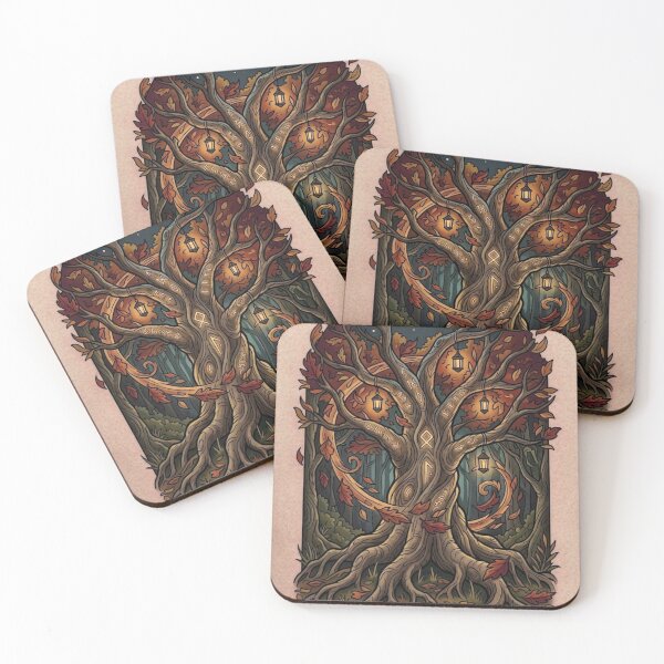 Item preview, Mystic tree Yggdrasil with Viking runes and autumn leaves, tattoo style designed and sold by Curiosiart.