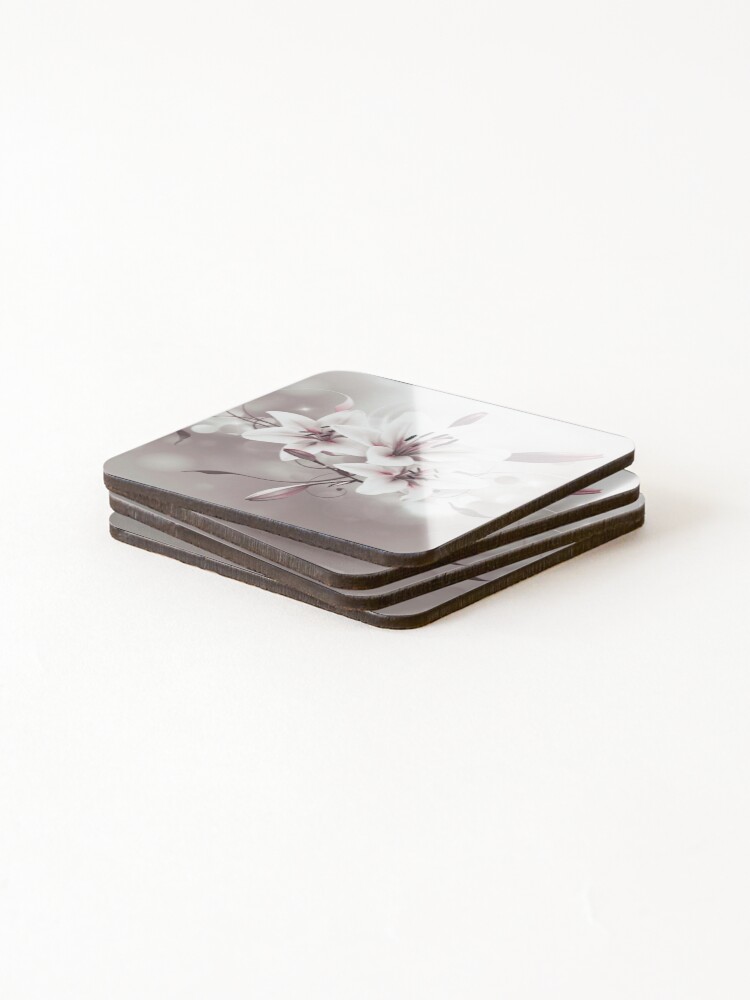 Thumbnail 4 of 5, Coasters (Set of 4), Elegant White Lilies – Soft Floral Art with Dreamy Bokeh and Sparkles designed and sold by RaresS.