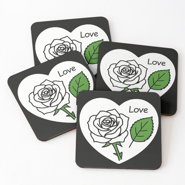 Item preview, a rose from above and next to it one green leaf in black and white line art style ,with a word Love surrounding in minimal style  designed and sold by wallartofmio.