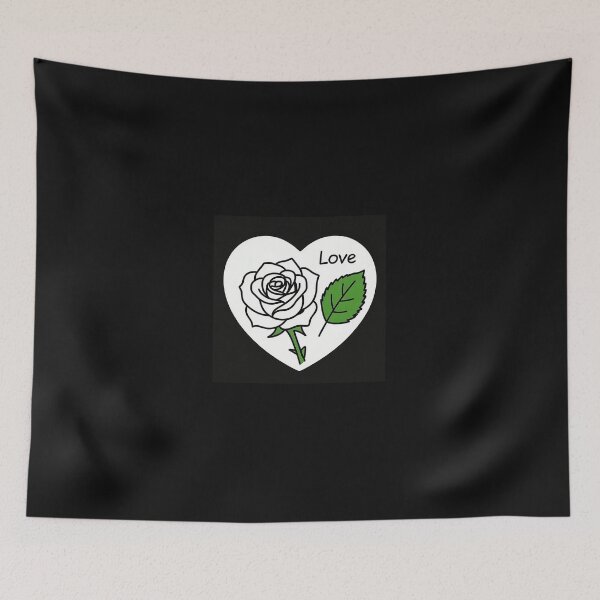 Item preview, a rose from above and next to it one green leaf in black and white line art style ,with a word Love surrounding in minimal style  designed and sold by wallartofmio.