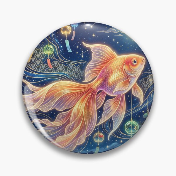 Item preview, Elegant Glowing Goldfish and Glass Wind Chimes - Seigaiha Wave Pattern designed and sold by Hikariha Studio.
