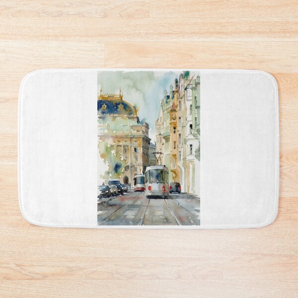 Item preview, Prague Tram Watercolor Cityscape designed and sold by caracatita75.