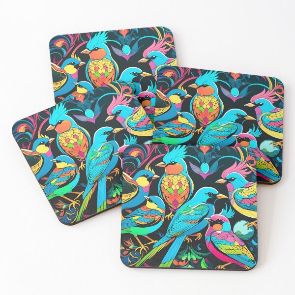 Item preview, Colorful Birds Council – Neon Wildlife Art on Black Canvas designed and sold by black-canvas26.