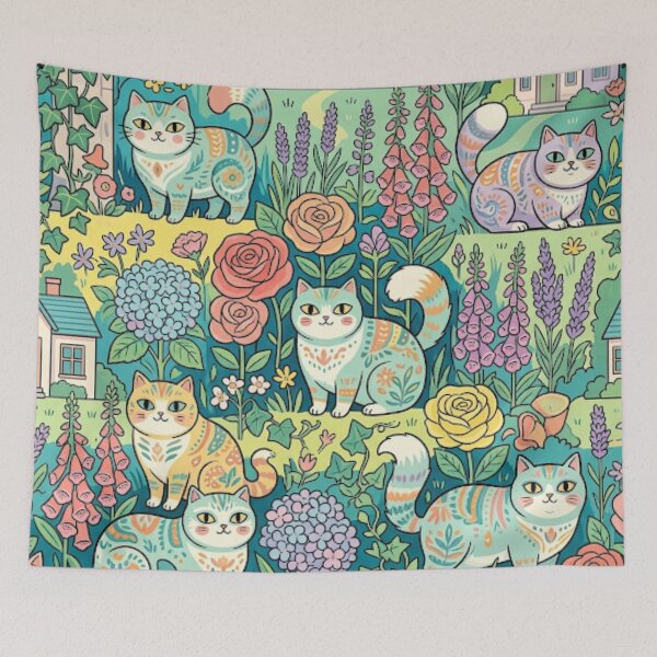 Item preview, Cottagecore Folk Art Cats in Bloom designed and sold by Iampoji.
