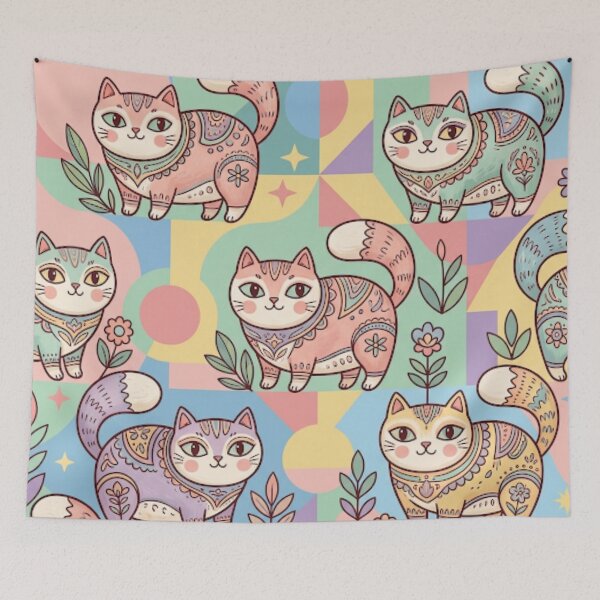 Item preview, Kawaii Pastel Folk Art Cats designed and sold by Iampoji.