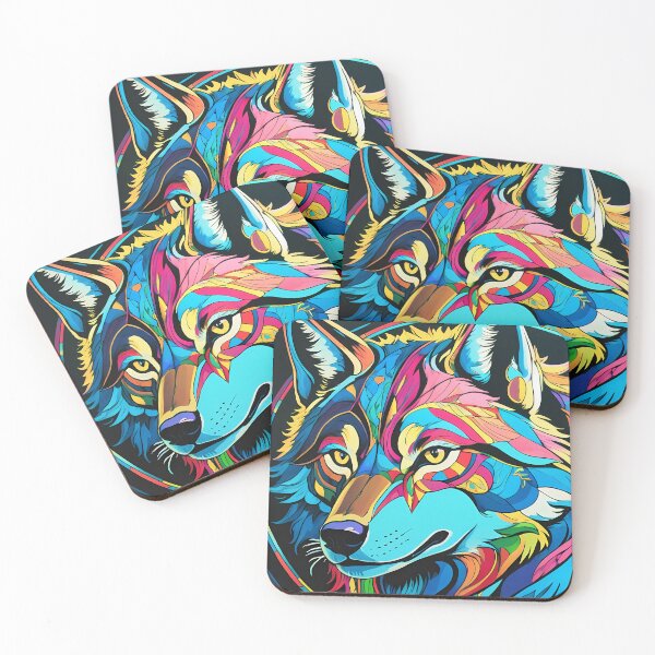 Item preview, Colorful Wolf Portrait – Neon Ornamental Art on Black Canvas designed and sold by black-canvas26.