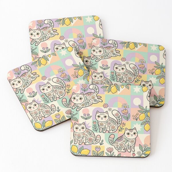Item preview, Cute Folk Art Cats in Lemon Garden designed and sold by Iampoji.