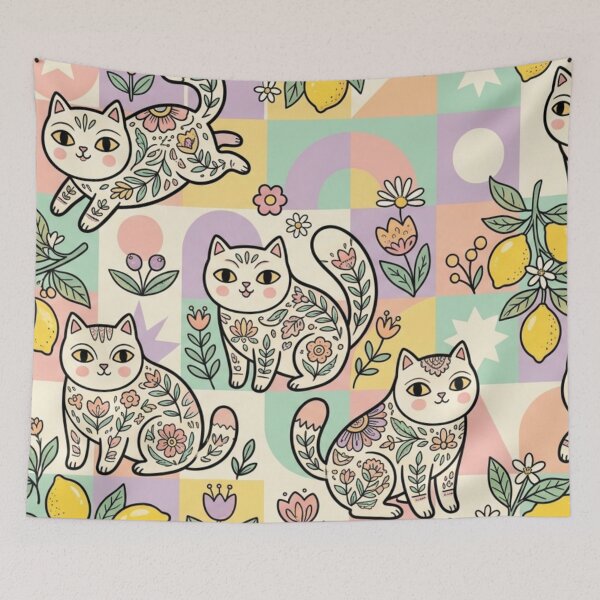 Item preview, Cute Folk Art Cats in Lemon Garden designed and sold by Iampoji.