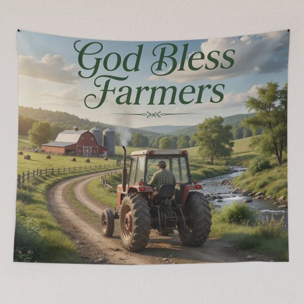 Item preview, God Bless Farmers Red Tractor Farm Landscape designed and sold by Pioneer Spirit Market.