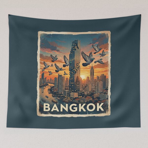 Item preview, Vintage Bangkok Thailand Sunset Skyline with Pigeons designed and sold by azule1.