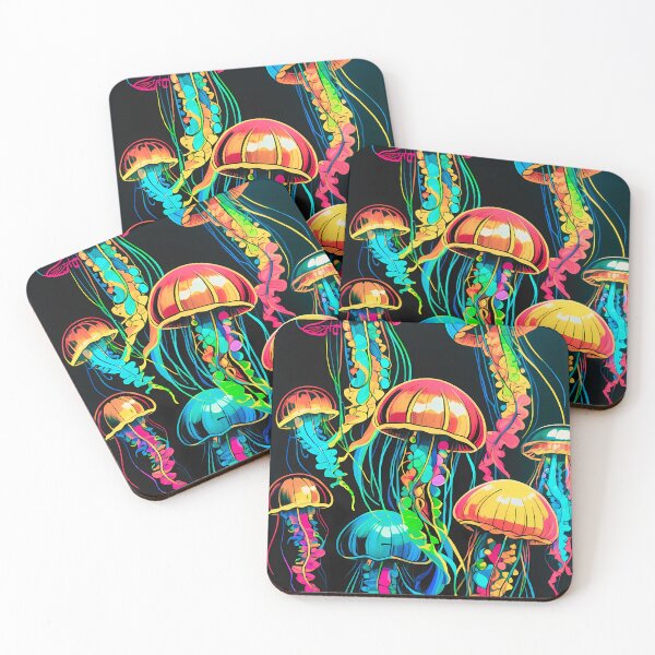 Item preview, Colorful Jellyfish - Neon Ocean Art on Black Canvas designed and sold by black-canvas26.