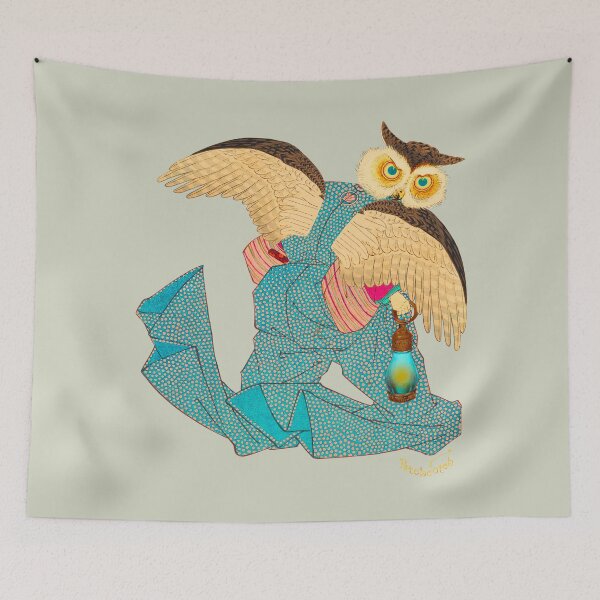 Item preview, Owl in Kimono with Lantern - Vintage Japanese Collage Art designed and sold by petchcotch.