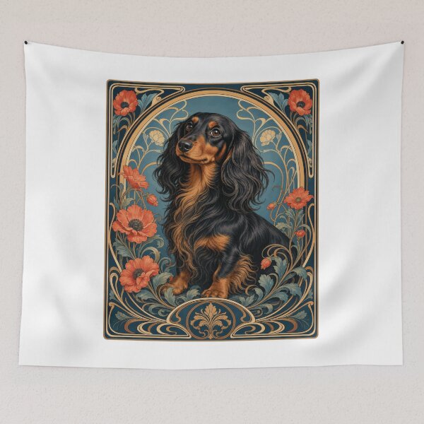 Item preview, Long-haired Black and Tan Dachshund Art Nouveau designed and sold by AntiqueImages.