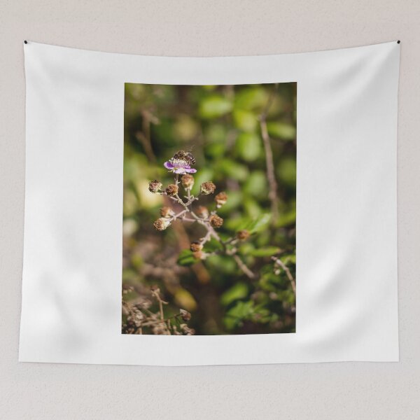 Item preview, Honey Bee Pollinating Pink Wildflower Macro Shot In Green Garden With Soft Bokeh Background designed and sold by Nmallia.