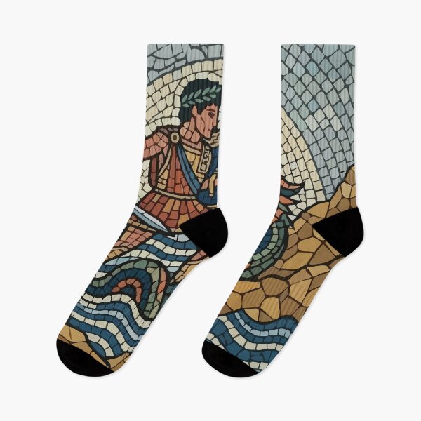 Item preview, Guerrero romano antiguo en mosaico luchando contra un dragón marino designed and sold by Catzura.